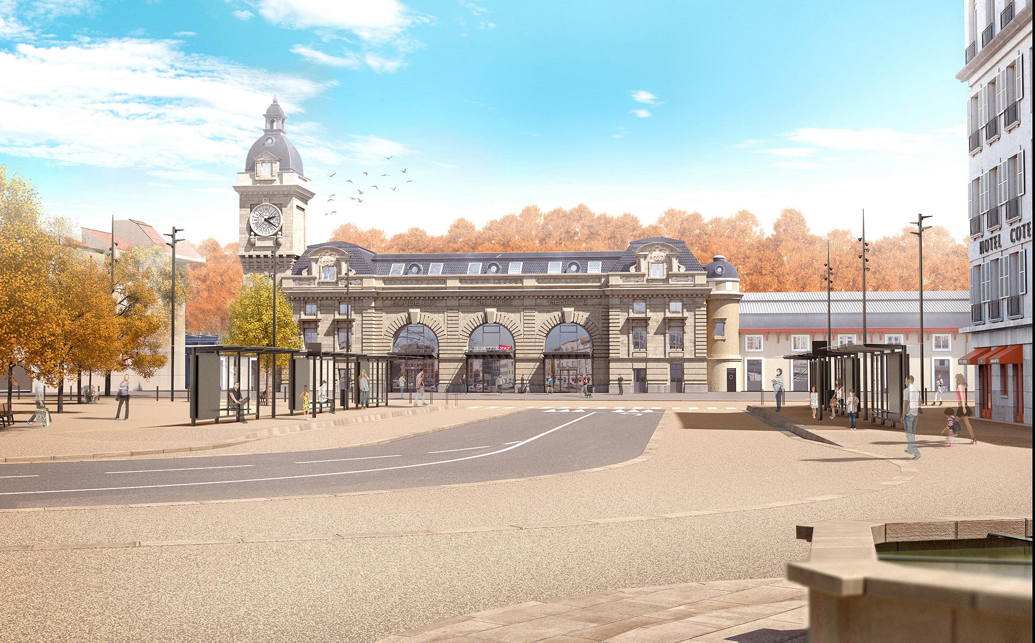 Gare de Bayonne place Pereire avec l'arrivée du Tram'bus ©Arotcharen architecte