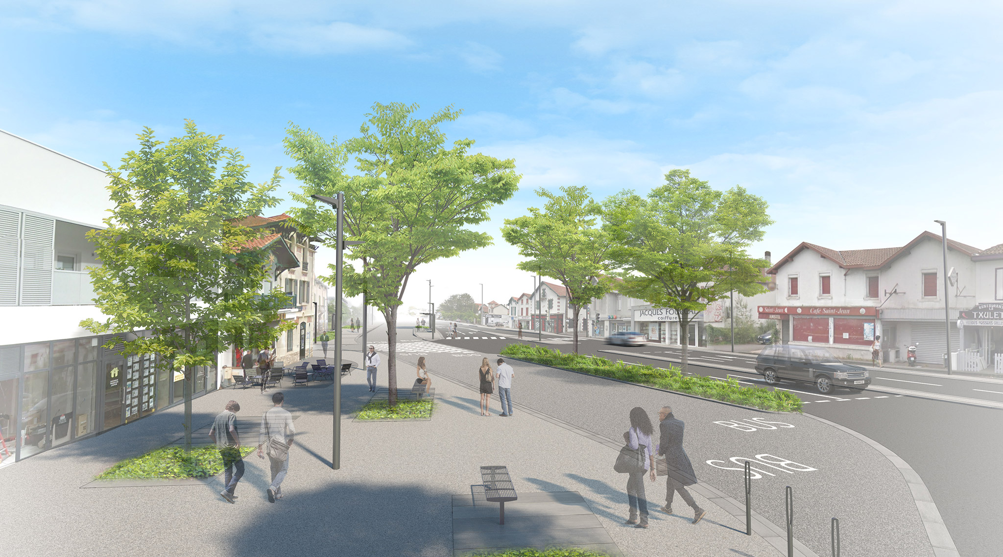 Anglet place Saint Jean avec l'arrivée du Tram'bus ©Arotcharen architecte