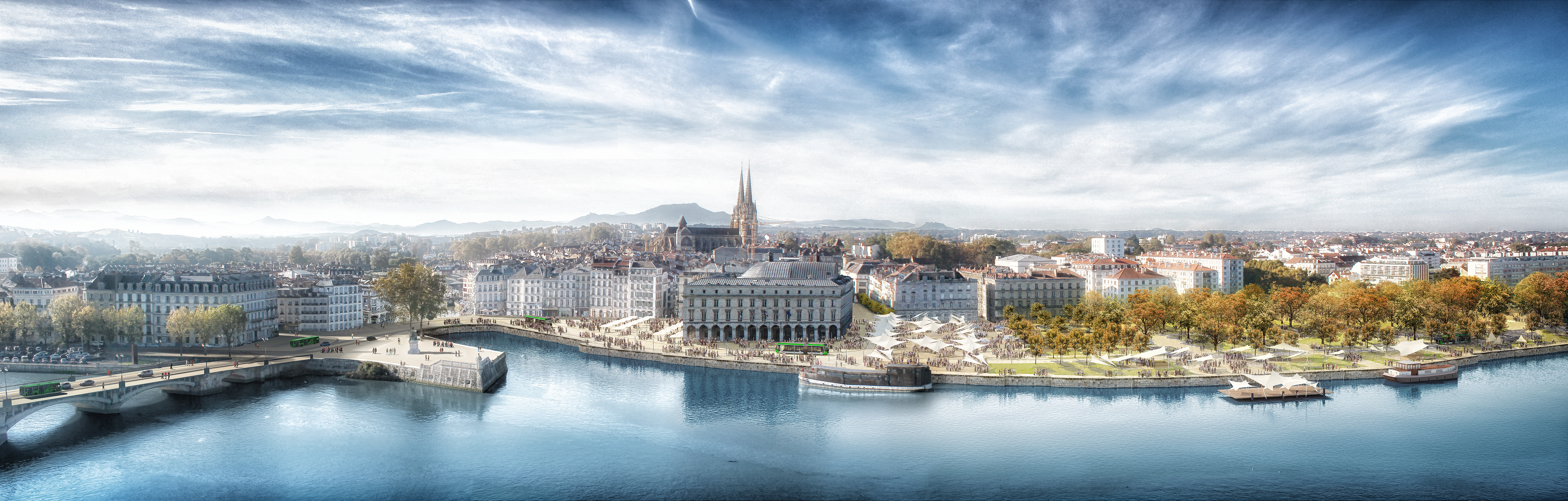 Vue Bayonne centre-ville. Le Tram’bus passera en bord d’Adour ©Arotcharen architecte